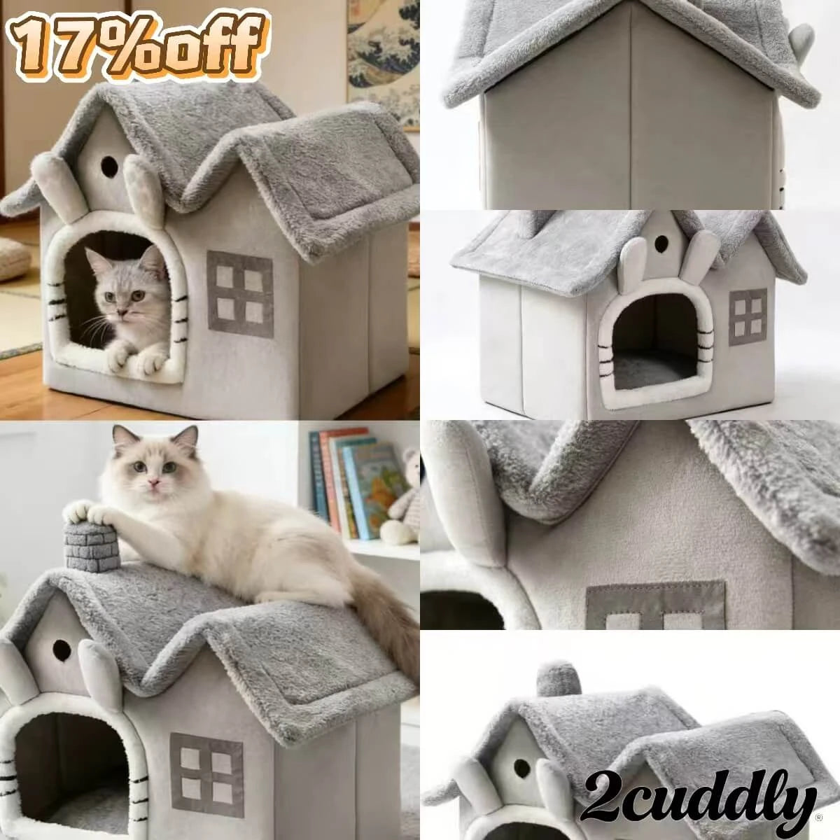 Comfortable House-Style Cat Nest: Gray Plush, Window Decor, Cute Design for Cats