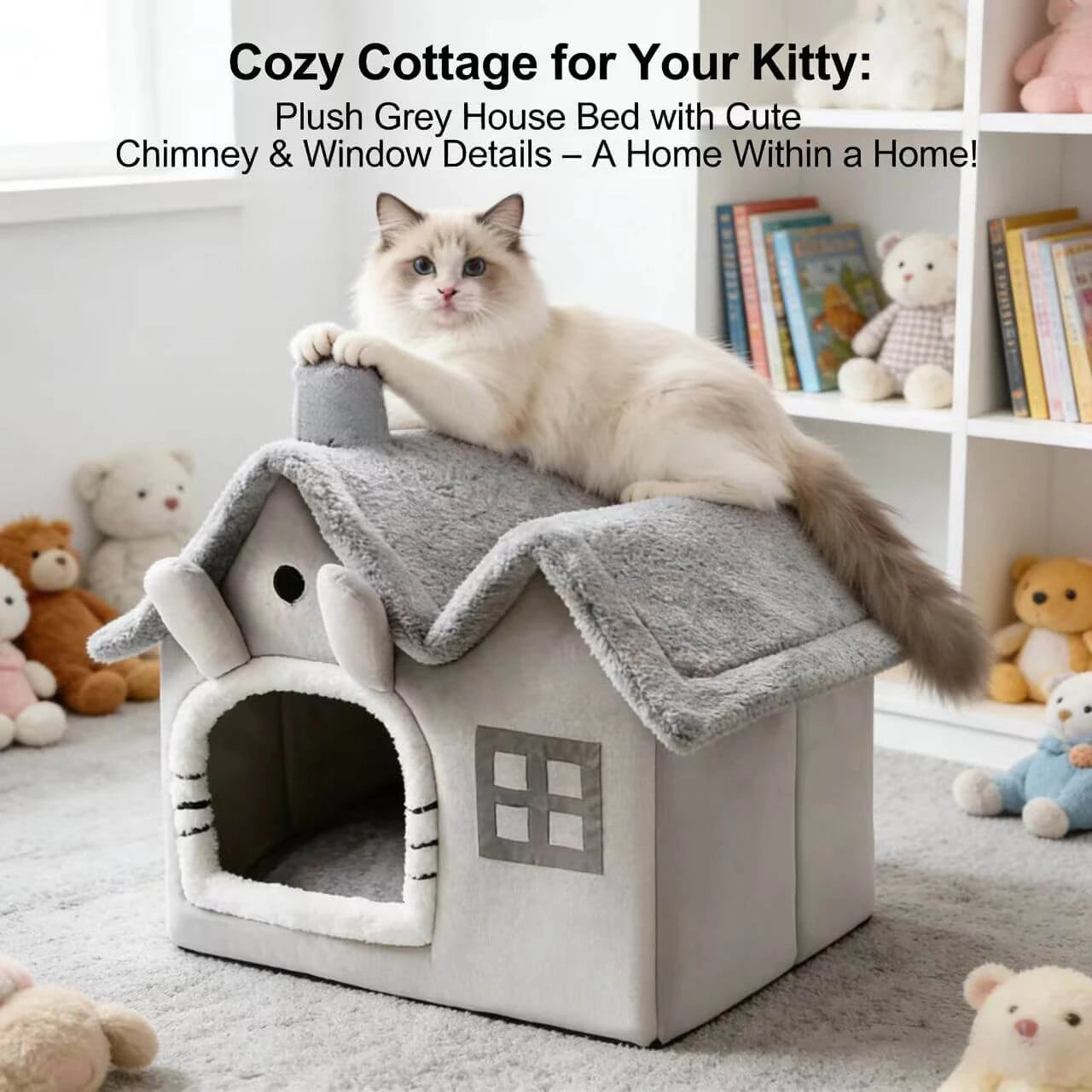 Comfortable House-Style Cat Nest: Gray Plush, Window Decor, Cute Design for Cats