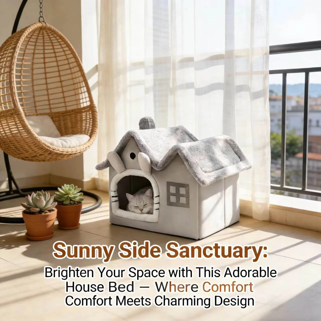 Comfortable House-Style Cat Nest: Gray Plush, Window Decor, Cute Design for Cats