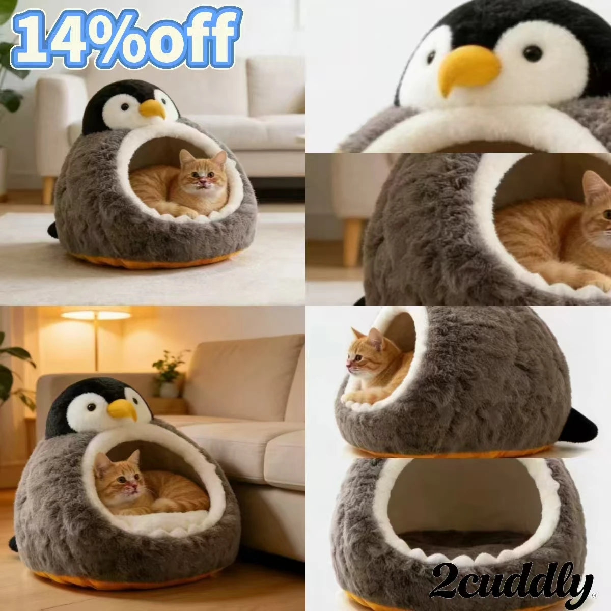 Cozy Cat Bed, Penguin Sanctuary Design, Plush Gray Fur, Non-Slip Base, 3D Beak/Flipper