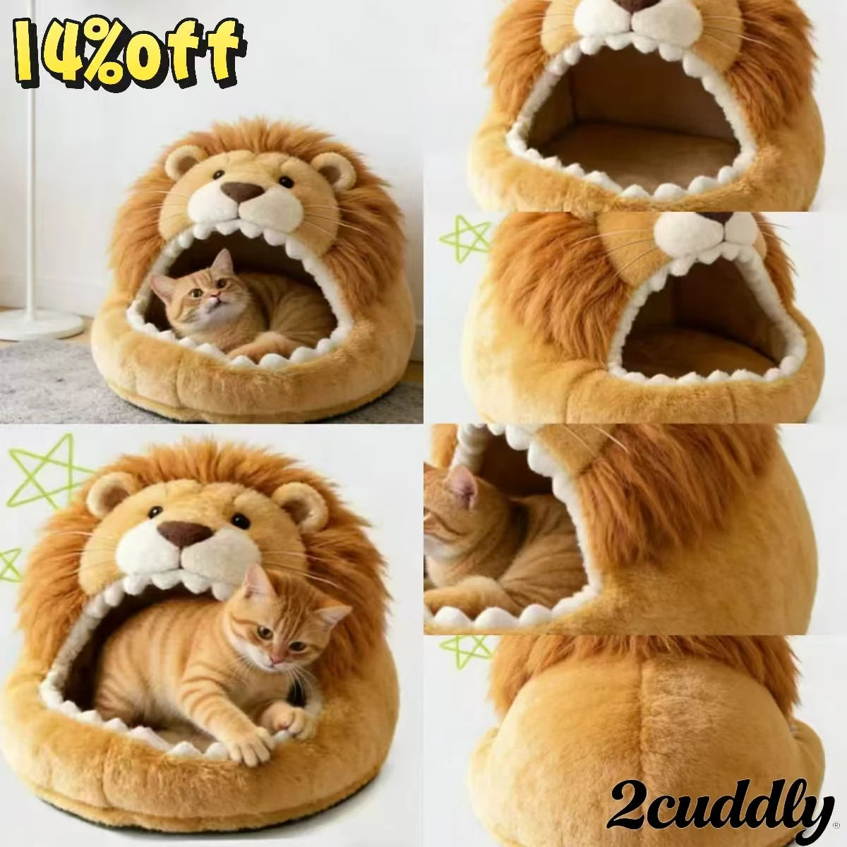 Cozy Cat Bed, Lion Head Cave Design, Soft Plush, Beige with Mane, Premium Material