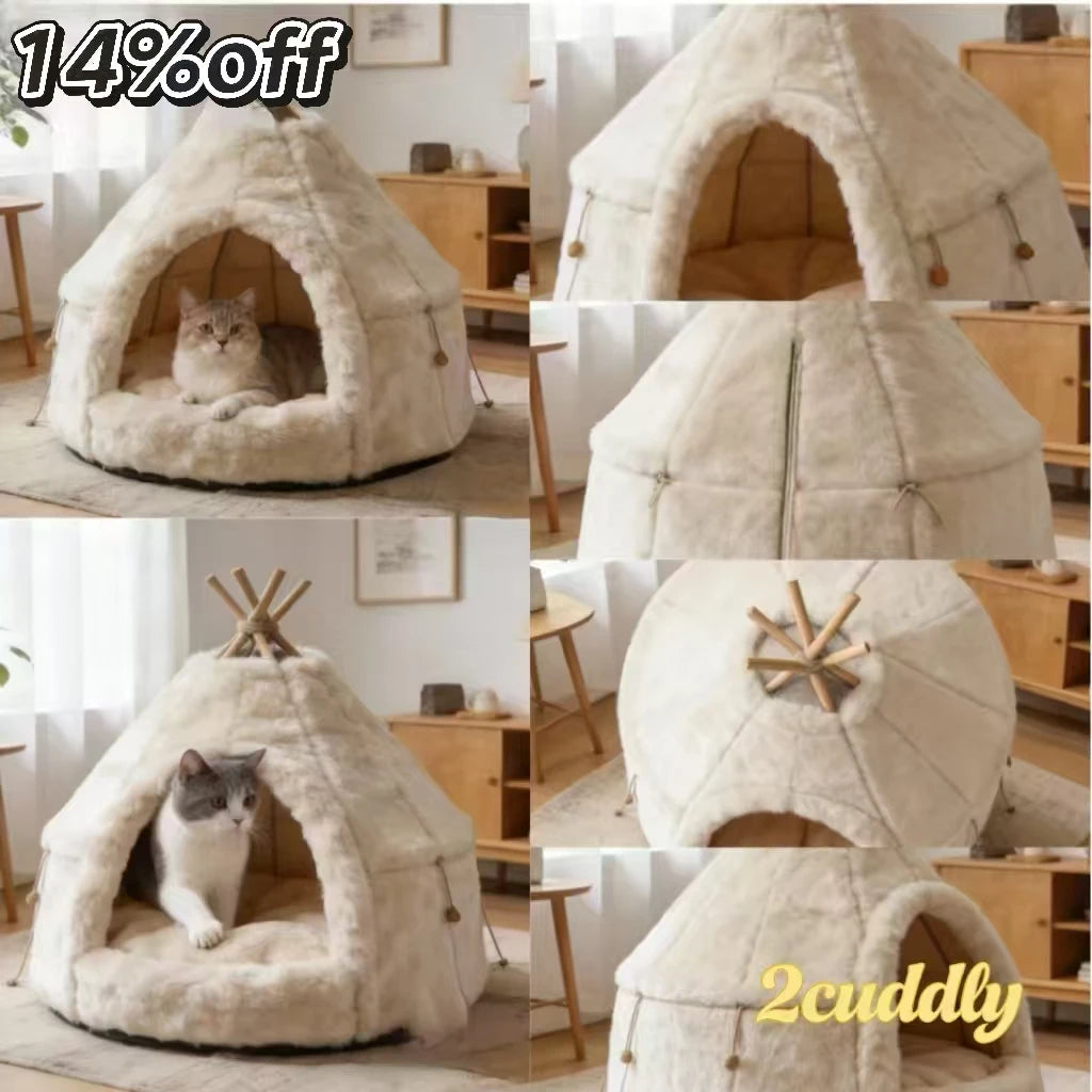 Bohemian Pet Bed for Cats, Tipi Tent Shape, Plush Fabric, White/Cream, Boho-Chic Cave
