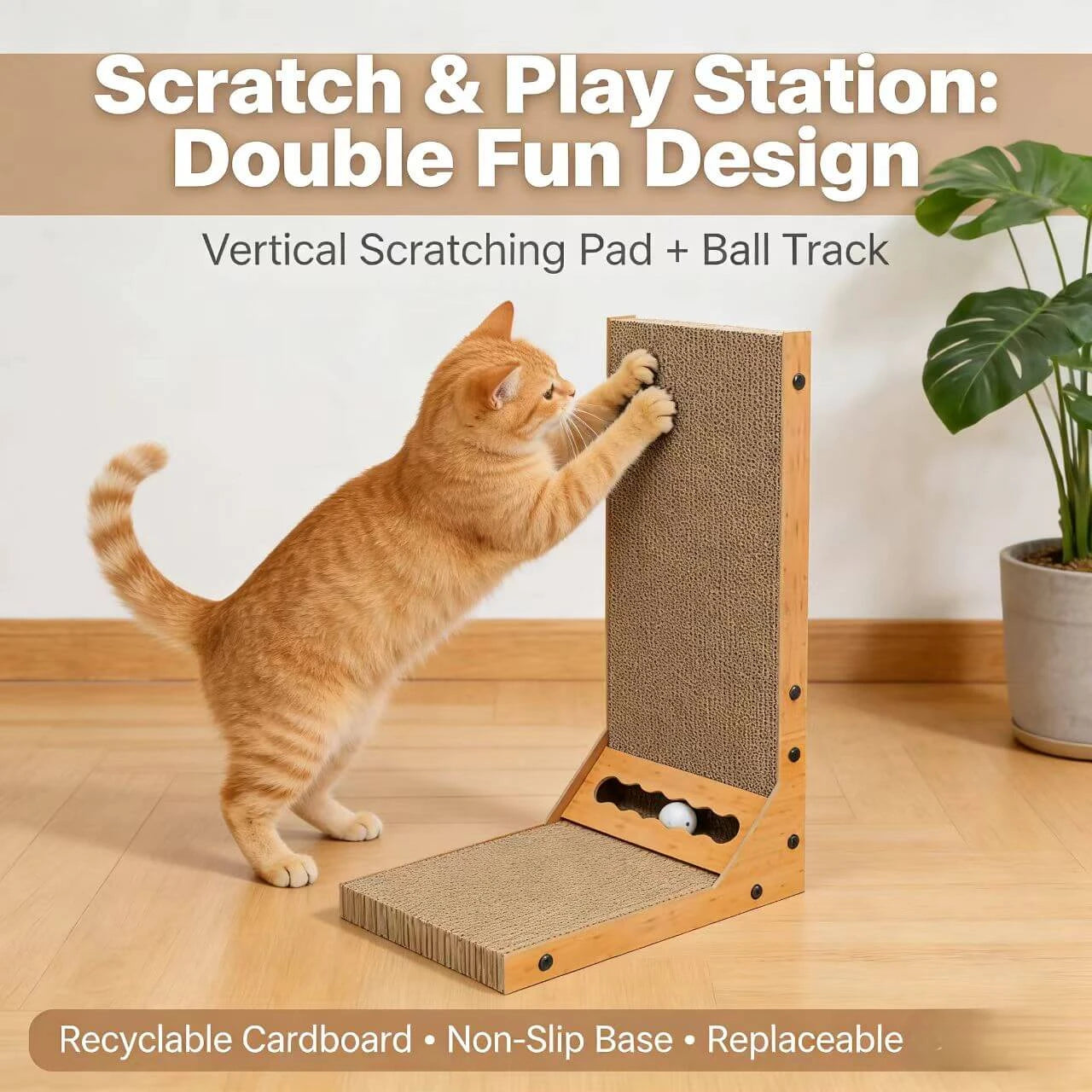 Scratching & Interactive Cat Scratcher Toy for Cats - Corrugated/Wood, Ball Track
