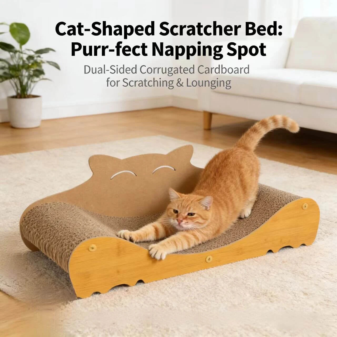 Scratching Cat Scratcher for Cats - Corrugated Paper, Wood Frame, Cat-Shaped Design