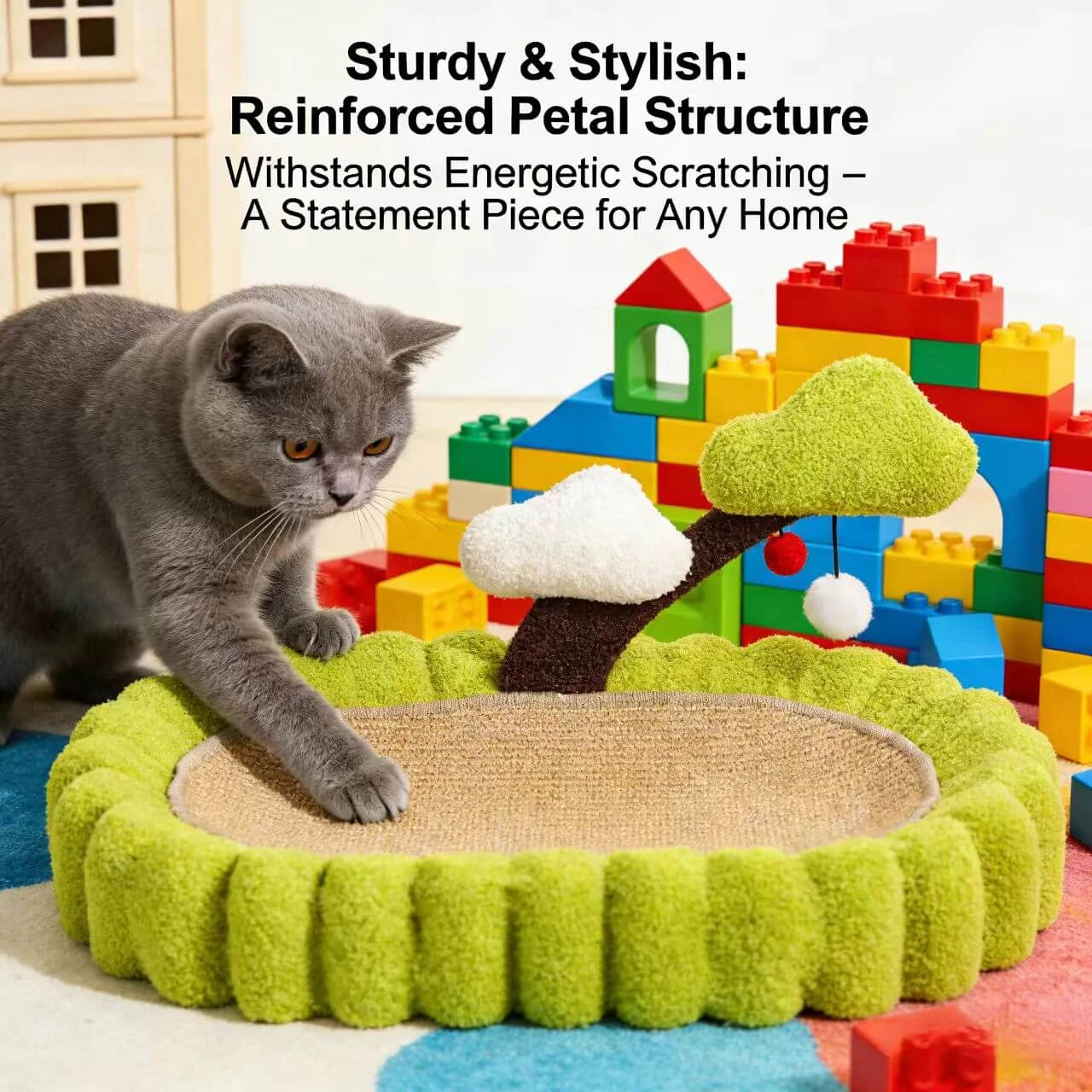 Rest & Scratching Cat Bed/Scratcher for Cats - Fuzzy Green, Tree Teaser, Scratching Pad