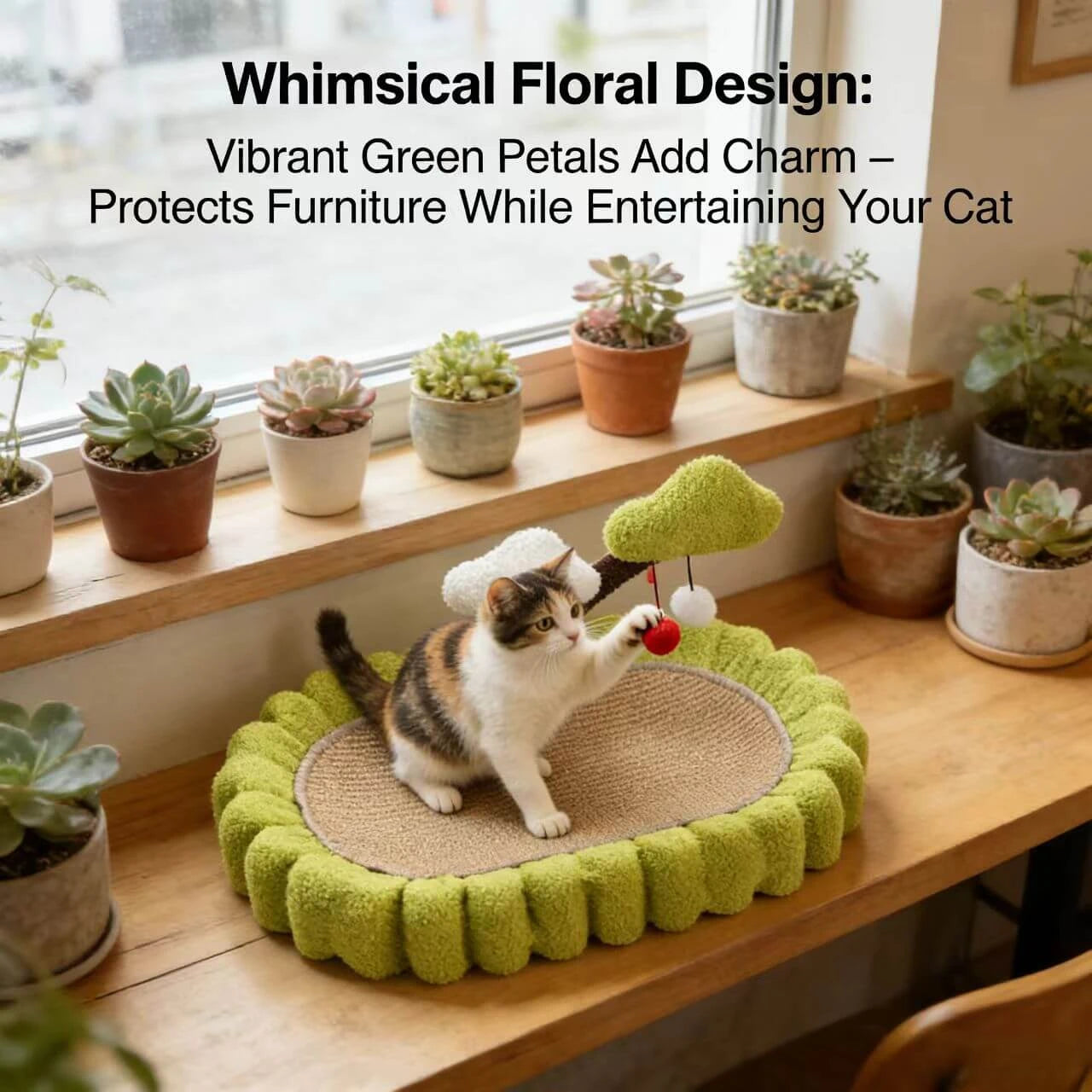 Rest & Scratching Cat Bed/Scratcher for Cats - Fuzzy Green, Tree Teaser, Scratching Pad