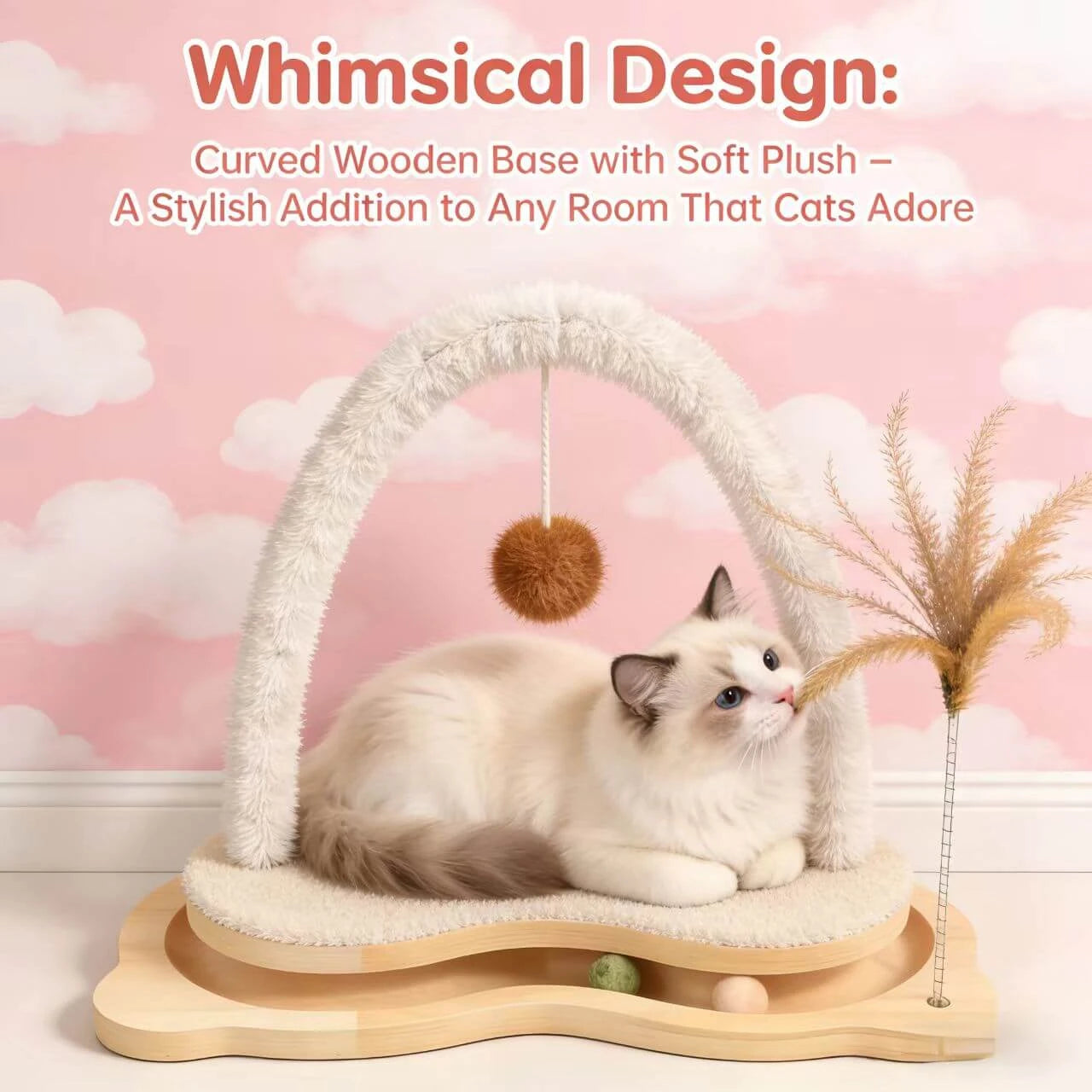 Interactive Play Cat Toy for Cats - Wooden, Fuzzy Arch, Dual Ball (Track & Hanging)