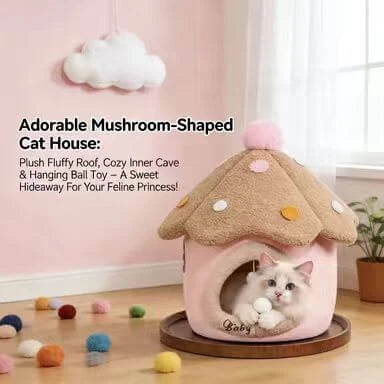 Mushroom-Shaped Plush Pet Cave Bed, Multi-Color, Toy Ball, Small Pet Rest Spot