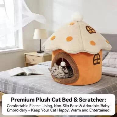 Mushroom-Shaped Plush Pet Cave Bed, Multi-Color, Toy Ball, Small Pet Rest Spot