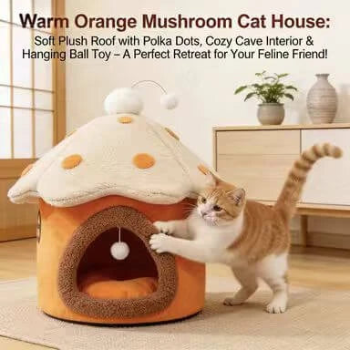 Mushroom-Shaped Plush Pet Cave Bed, Multi-Color, Toy Ball, Small Pet Rest Spot