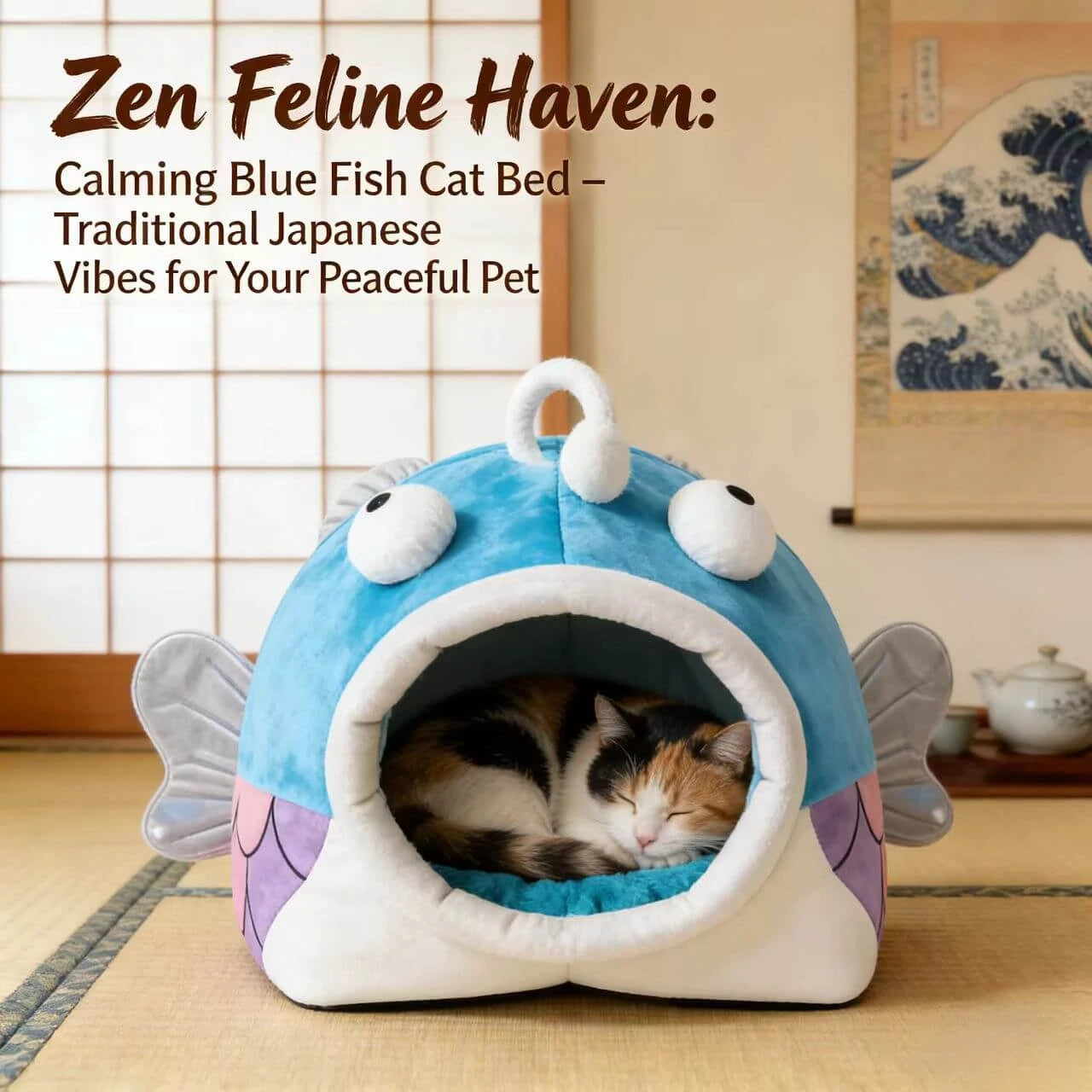 Cat Bed, Clownfish Shape, Comfortable Plush, Blue/White, Pet-Safe Material, All-Season