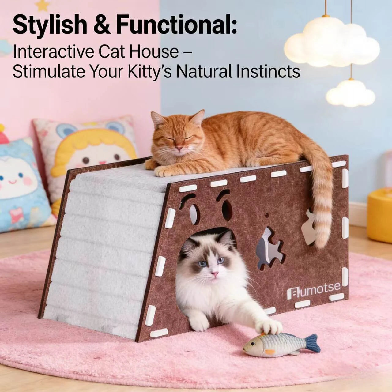 Interactive Felt Cat Bed: Built-in Toys, Perch & Hideaway, Brown for Cats