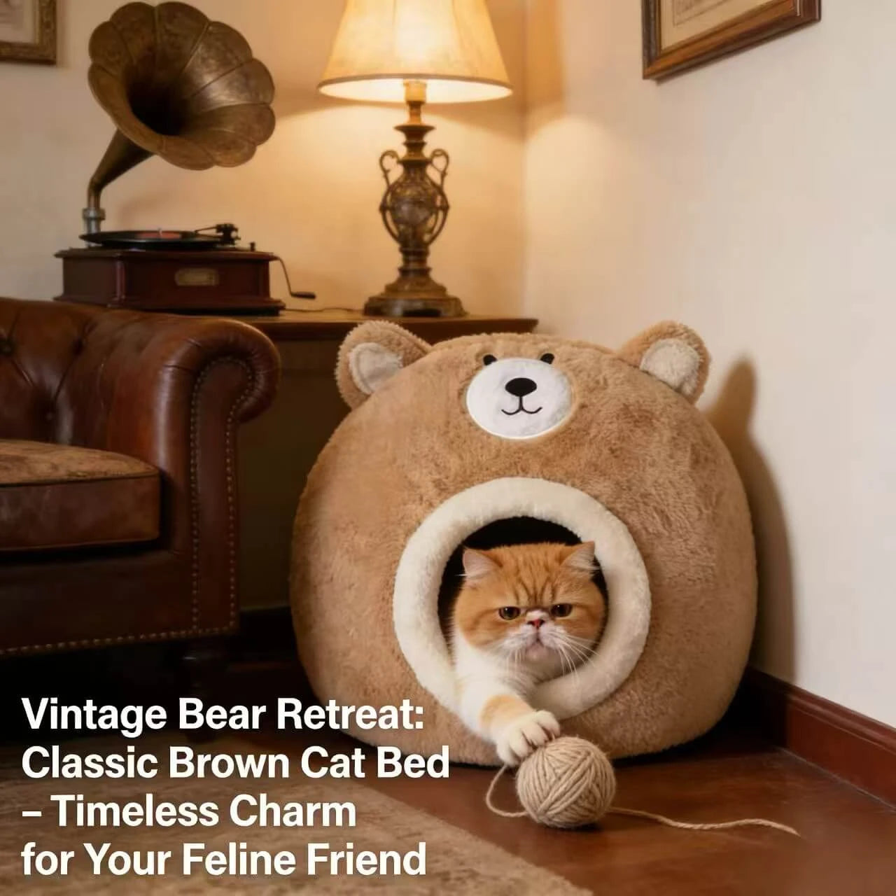 Cozy Bear-Shaped Cat Bed: Beige Plush Fabric, Enclosed Privacy Shelter for Cats/