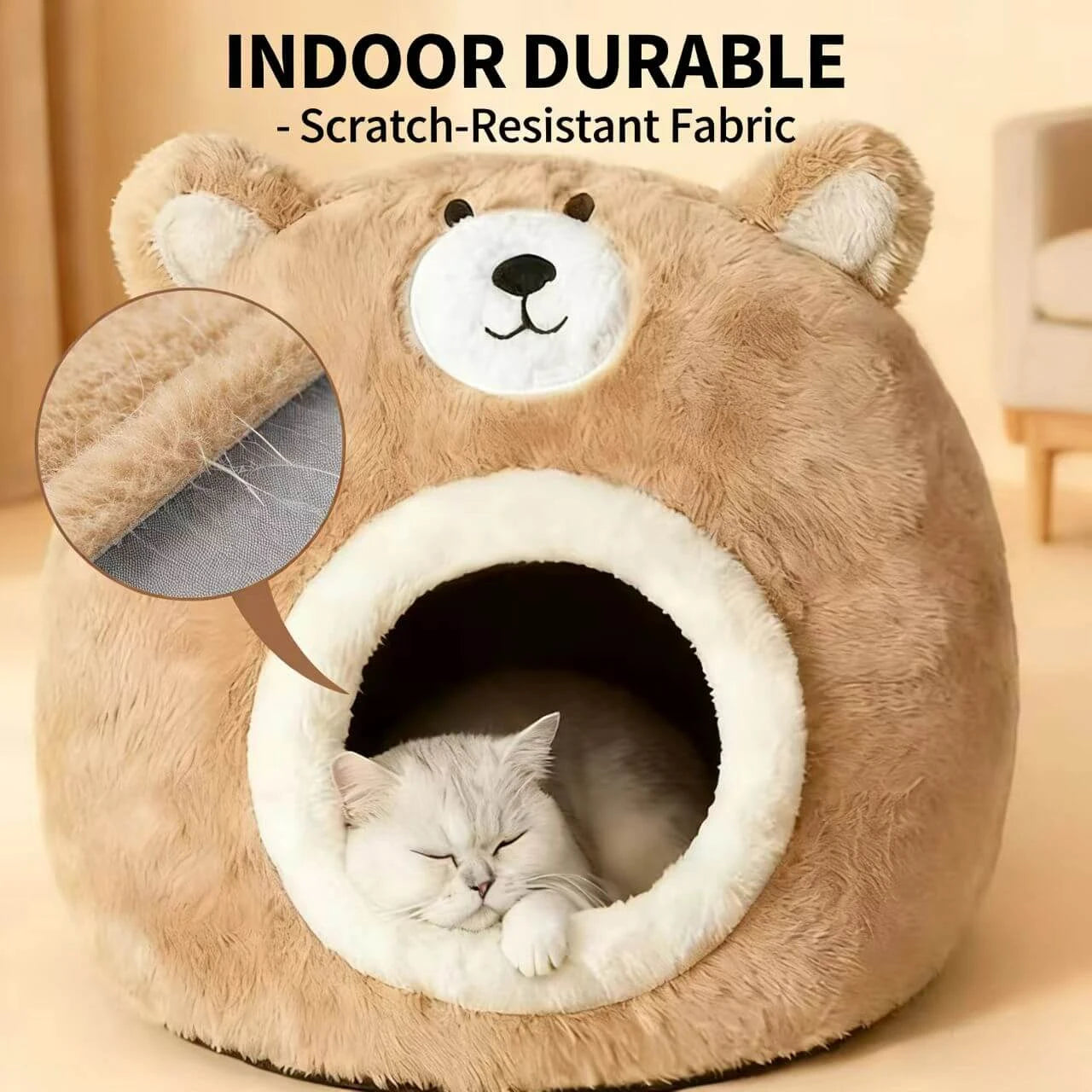 Cozy Bear-Shaped Cat Bed: Beige Plush Fabric, Enclosed Privacy Shelter for Cats/