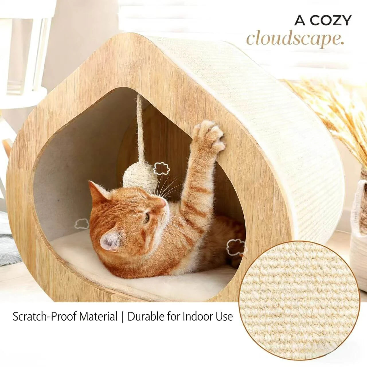 Modern Solid Wood Cat House with Scratching Wall, Cozy Cave Hideout for Indoor Cats