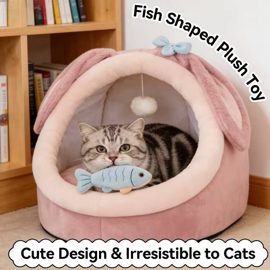 Interactive Comfort Pet Nest: Pink Plush, Rabbit-Ear Design, Built-in Ball Toy for Cats