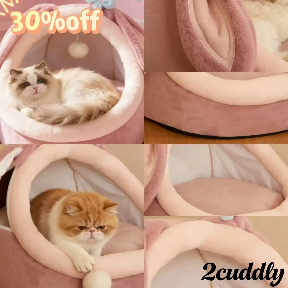 Interactive Comfort Pet Nest: Pink Plush, Rabbit-Ear Design, Built-in Ball Toy for Cats