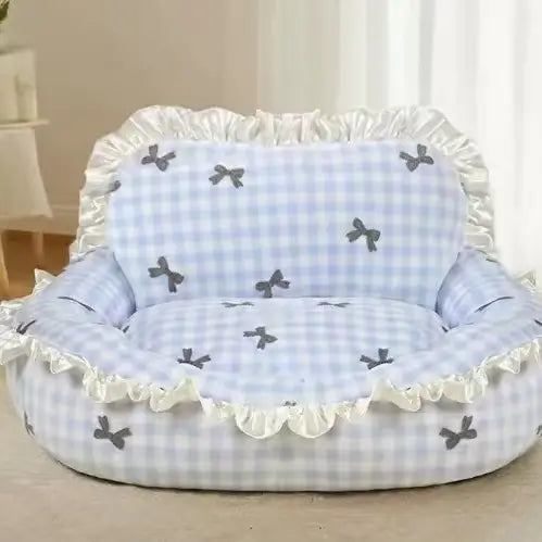Rest & Stylish Pet Bed for Cats/Dogs - Checkered, Bow Print, Ruffled Trim, Blue/Pink