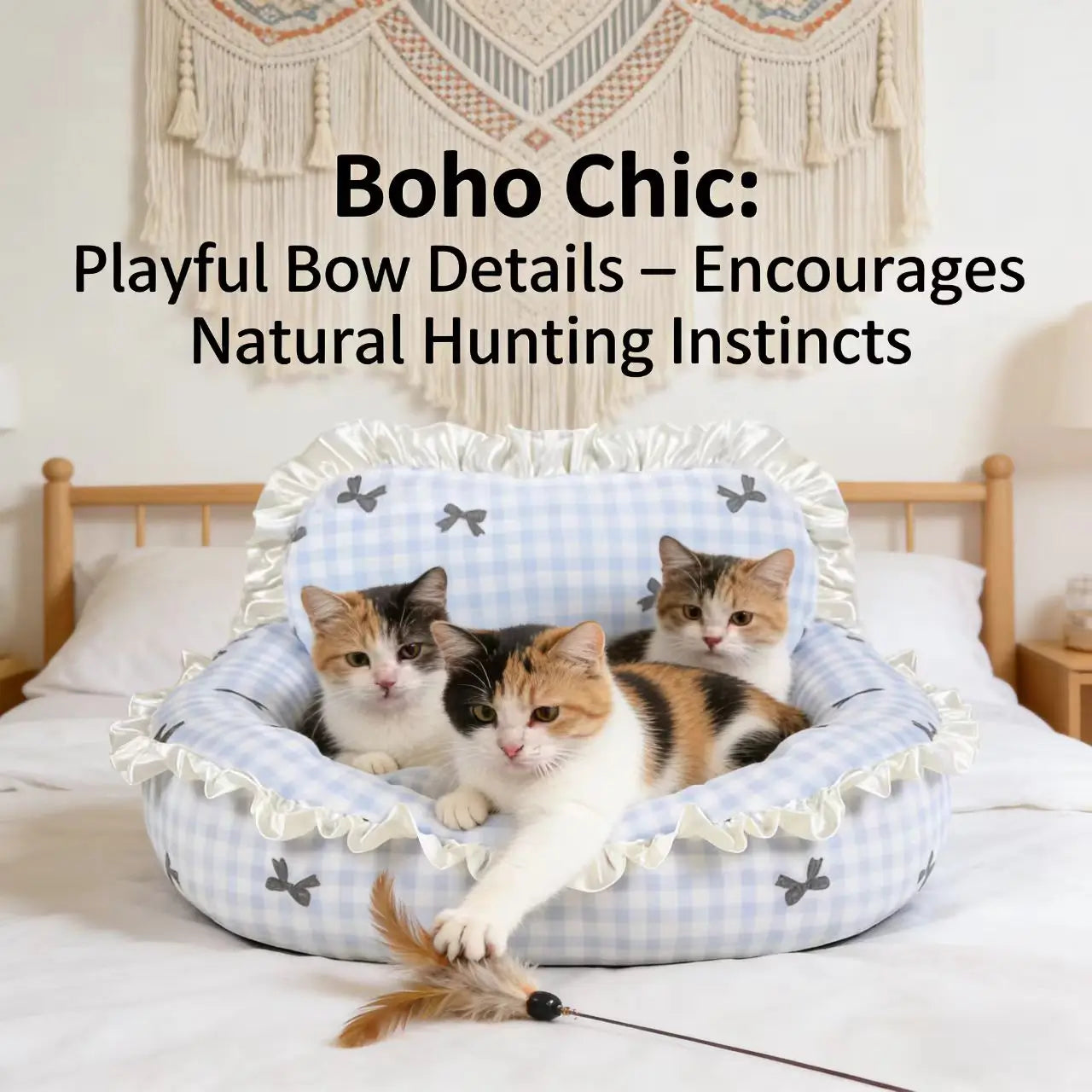 Rest & Stylish Pet Bed for Cats/Dogs - Checkered, Bow Print, Ruffled Trim, Blue/Pink