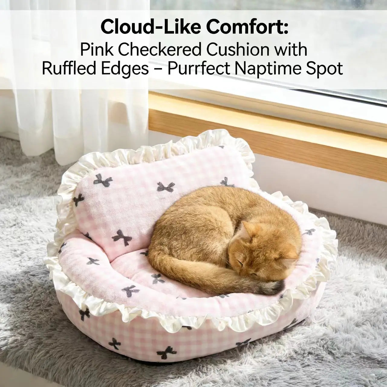 Rest & Stylish Pet Bed for Cats/Dogs - Checkered, Bow Print, Ruffled Trim, Blue/Pink