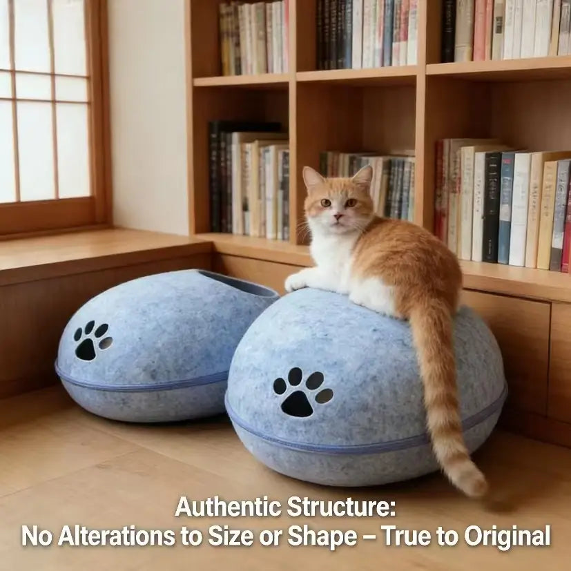 Enclosed Cat Bed for Cats - Felt, Paw Print, Egg-Shaped, Blue