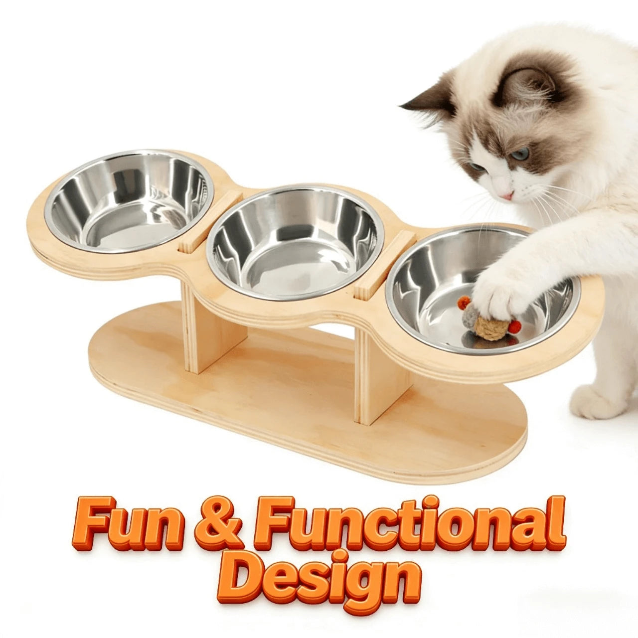 Neck-Protecting Elevated Triple Bowl Feeder for Cats – Stainless Steel Bowls, Wooden Stand