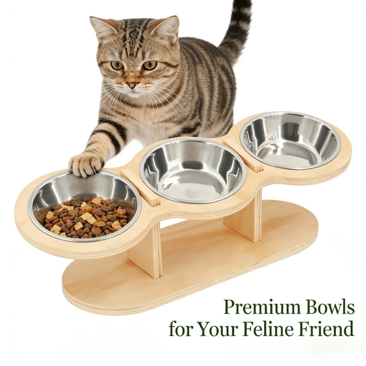 Neck-Protecting Elevated Triple Bowl Feeder for Cats – Stainless Steel Bowls, Wooden Stand