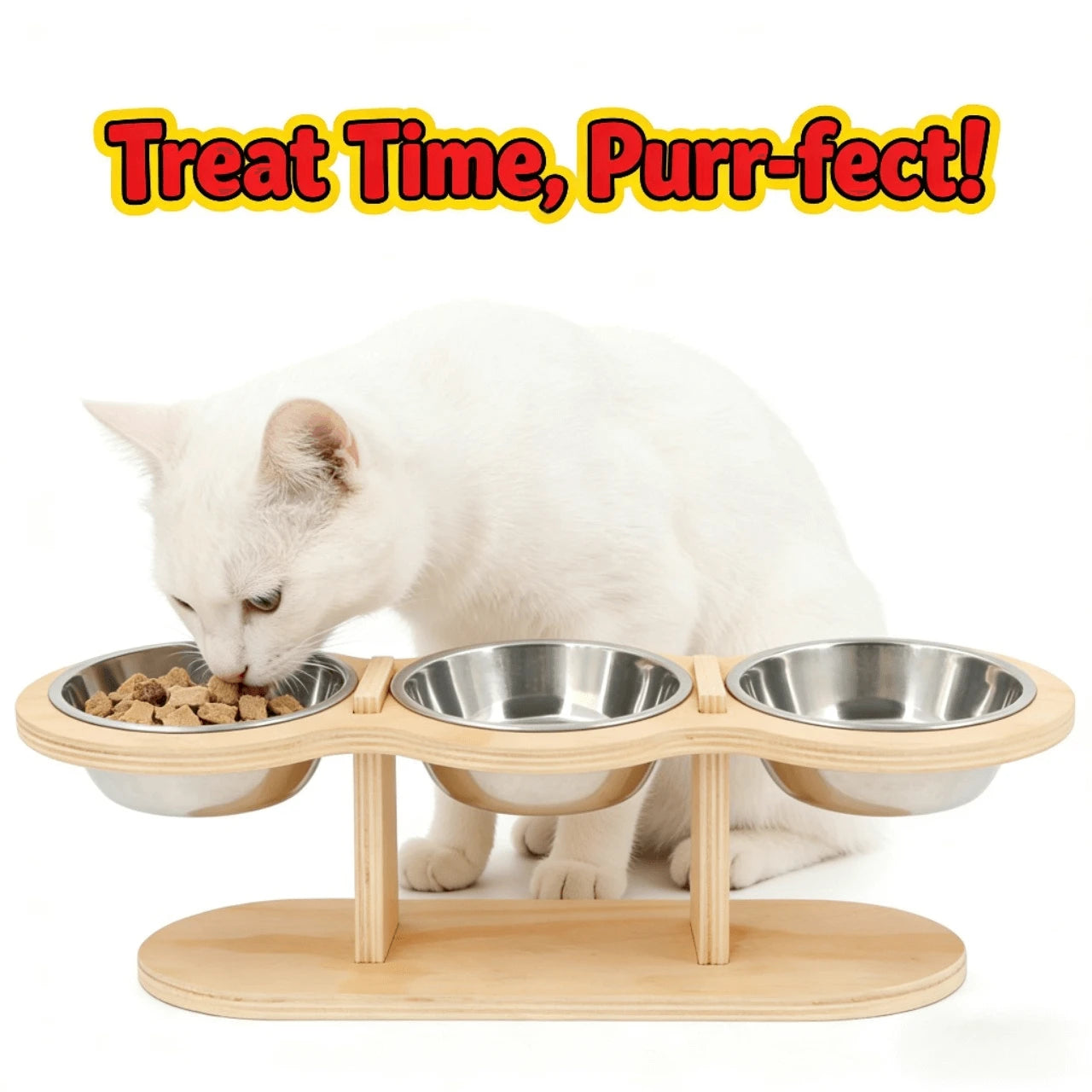Neck-Protecting Elevated Triple Bowl Feeder for Cats – Stainless Steel Bowls, Wooden Stand