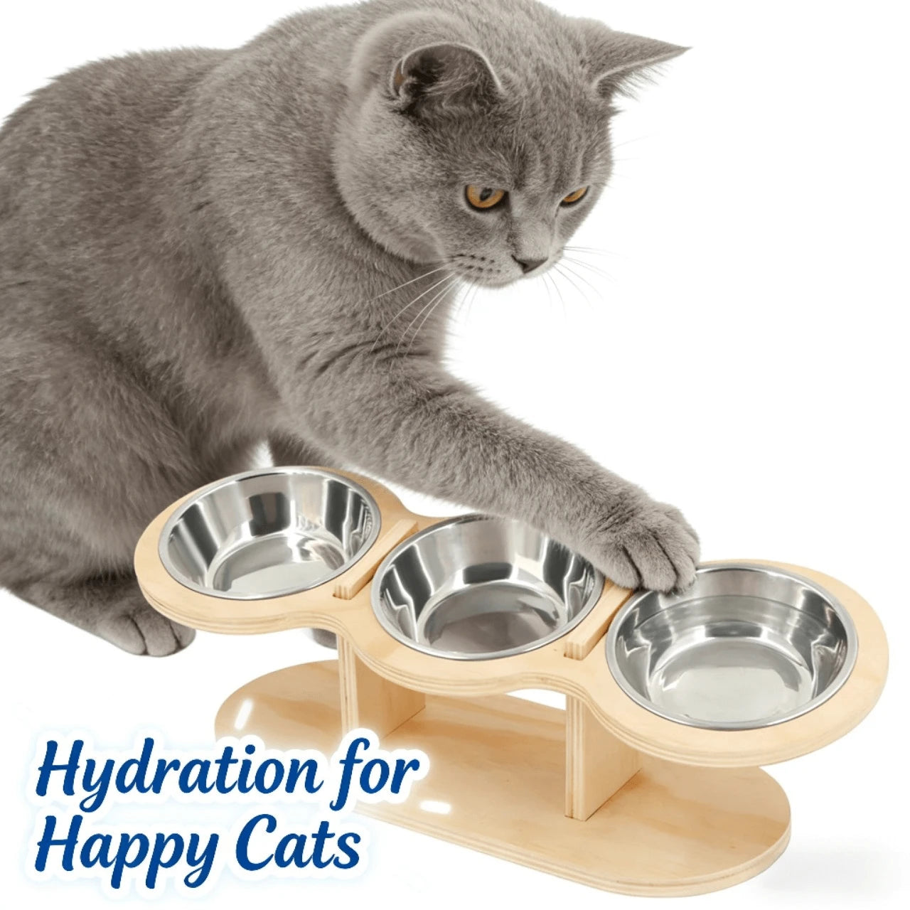 Neck-Protecting Elevated Triple Bowl Feeder for Cats – Stainless Steel Bowls, Wooden Stand