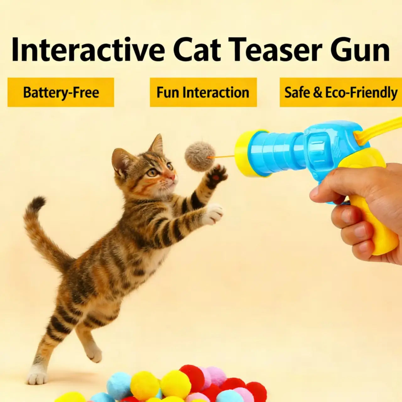 Fun Pom-Pom Blaster Cat Toy - Hours of Play, Safe Design, Blue/Yellow"