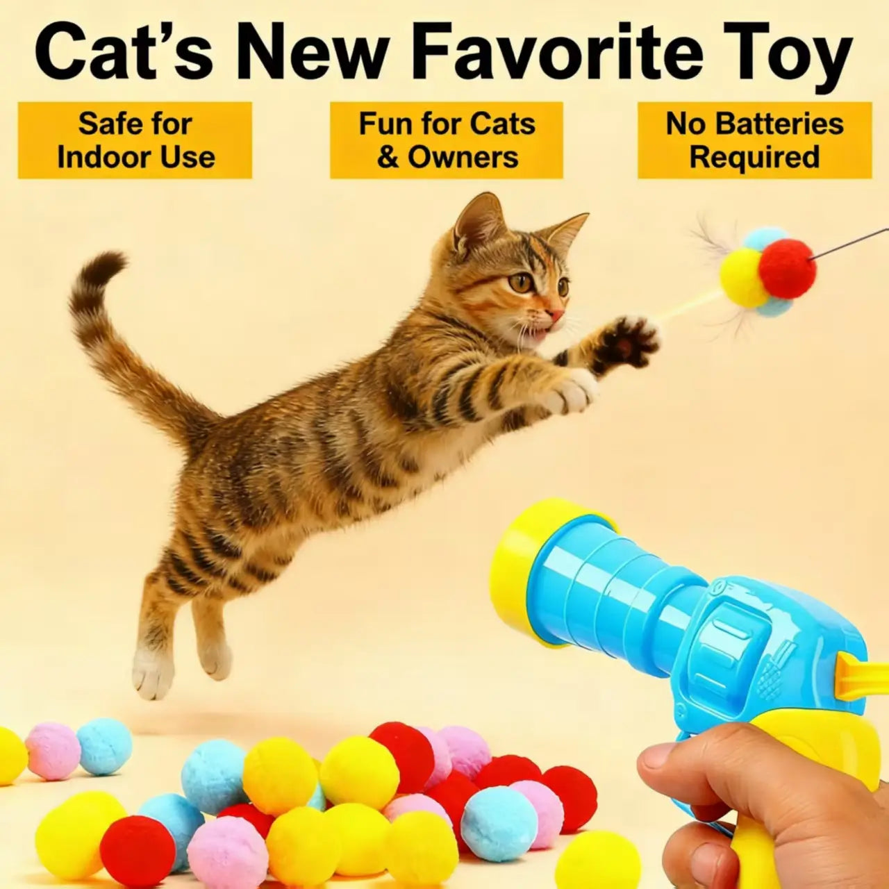 Fun Pom-Pom Blaster Cat Toy - Hours of Play, Safe Design, Blue/Yellow"