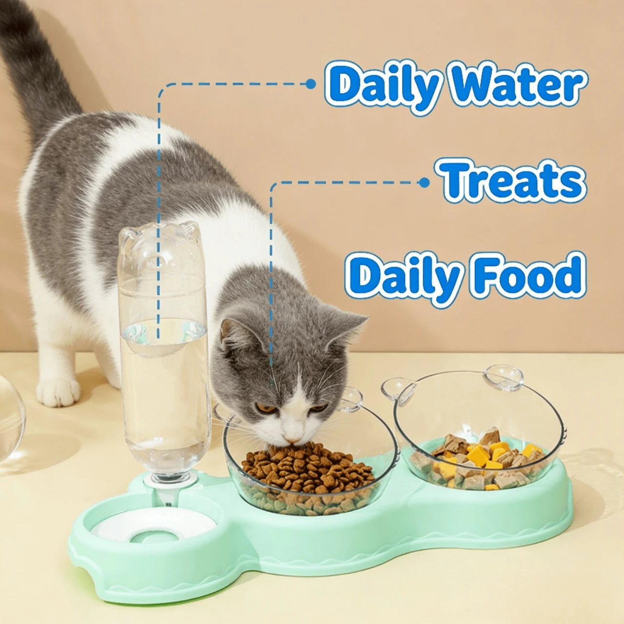 3-in-1 Feeding & Hydration Station for Cats – Glass Bowls, Non-Slip Base, Mint Green