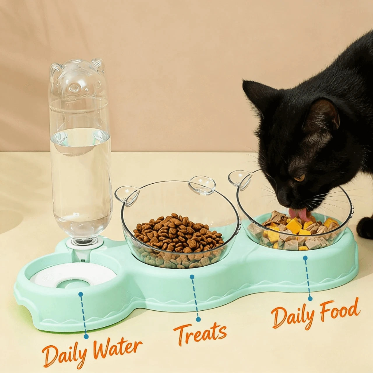 3-in-1 Feeding & Hydration Station for Cats – Glass Bowls, Non-Slip Base, Mint Green