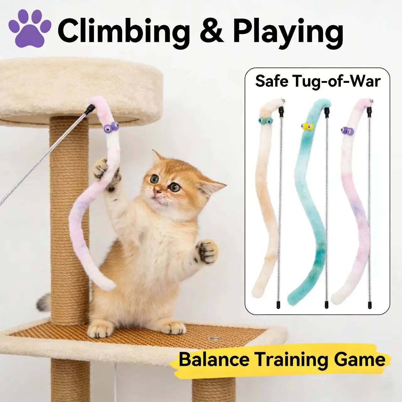 Worm Cat Teaser Wand - Interactive, Balance Training, Multi-Color