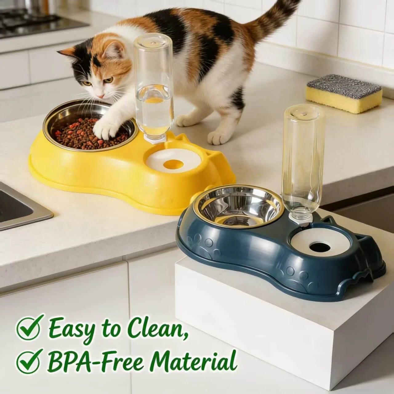 2-in-1 BPA-Free Feeding Bowl for Cats – Stainless Steel, Easy Clean, Yellow/Navy