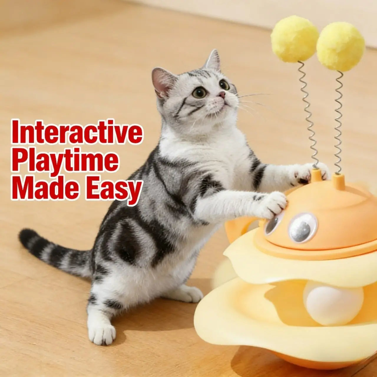 Wobble Cat Toy - Interactive, Spring Pom-Pom, Yellow/Orange