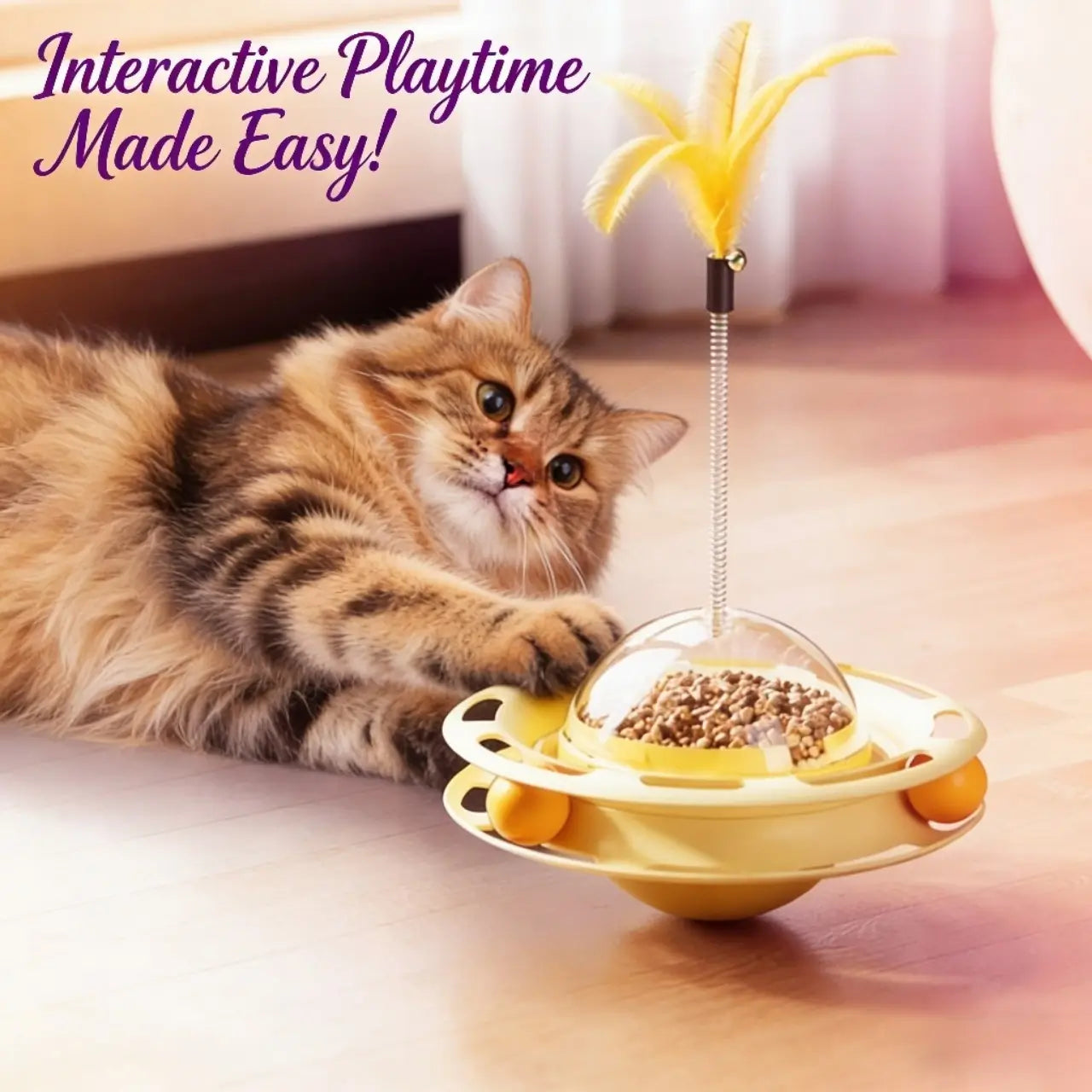 Treat-Dispensing Cat Toy - Feather Teaser, Yellow