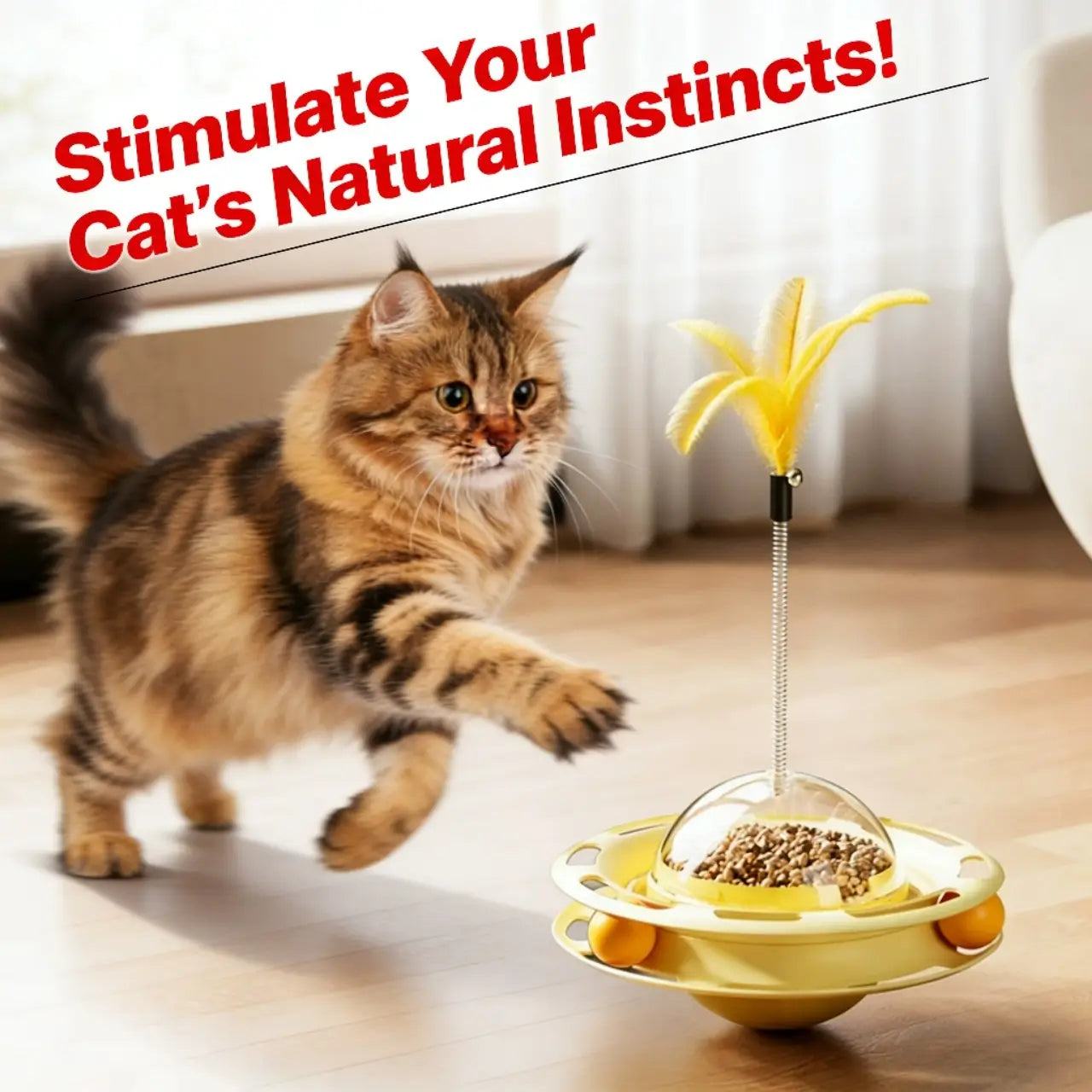 Treat-Dispensing Cat Toy - Feather Teaser, Yellow