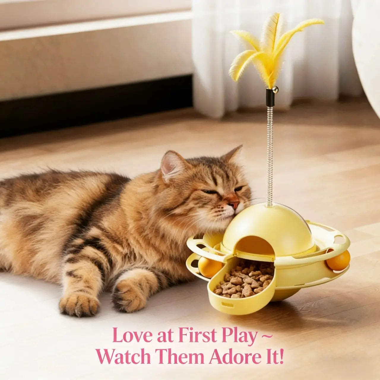 Treat-Dispensing Cat Toy - Feather Teaser, Yellow