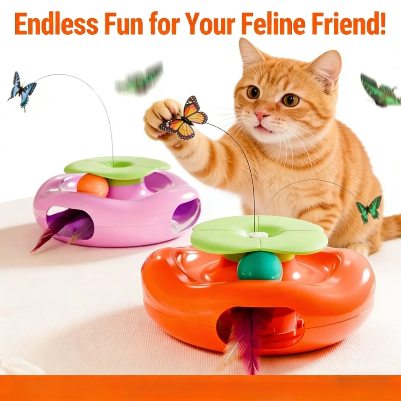 Automatic Butterfly & Feather Cat Toy - Interactive, Rotating, Orange/Purple