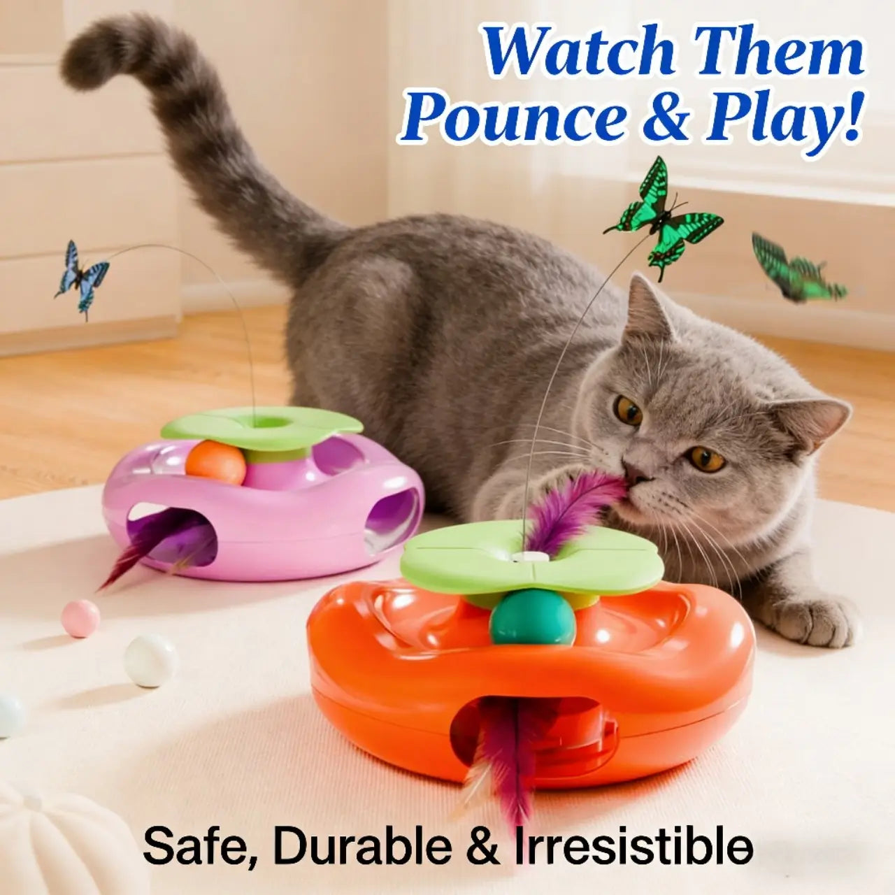 Automatic Butterfly & Feather Cat Toy - Interactive, Rotating, Orange/Purple