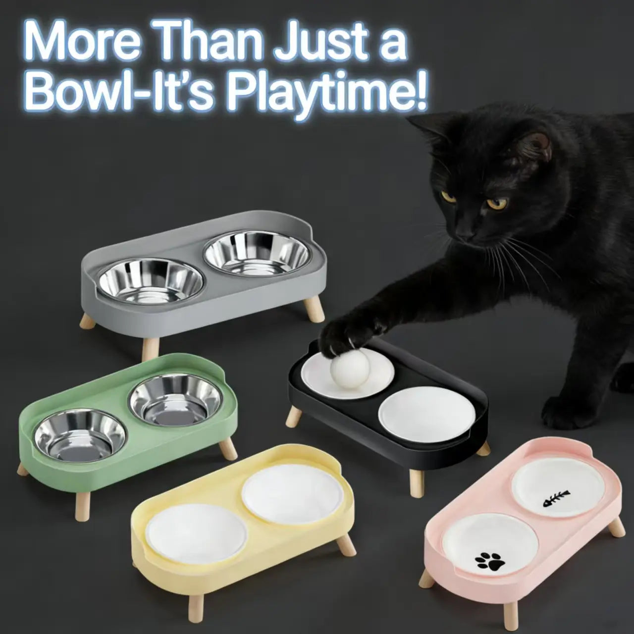 Elevated Dual Cat Bowl Set - Stainless Steel/Ceramic, Wooden Legs, Multi-Color
