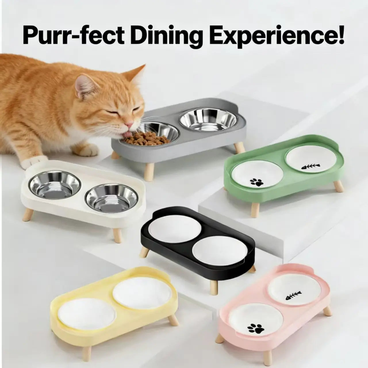 Elevated Dual Cat Bowl Set - Stainless Steel/Ceramic, Wooden Legs, Multi-Color