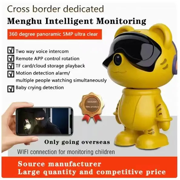 Cute Bear Baby Monitor Camera - 360° Rotation, Two-Way Talk, Motion Detection