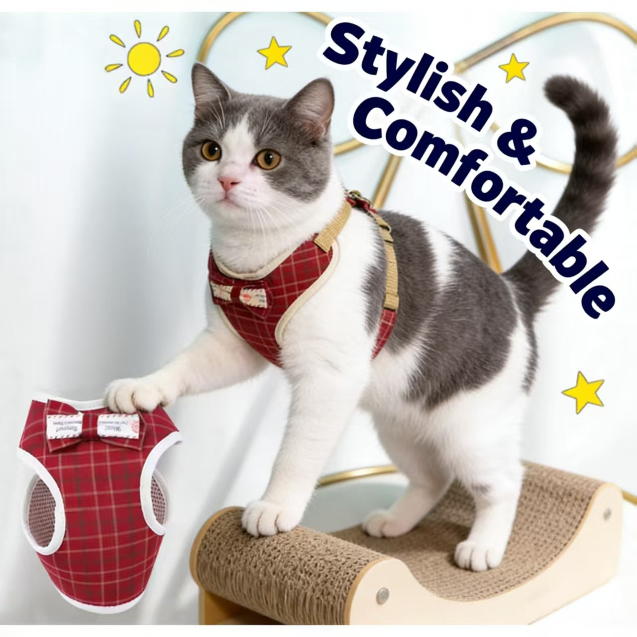 Fashionable & Soft Plaid Cat Harness for All Cats (Red)