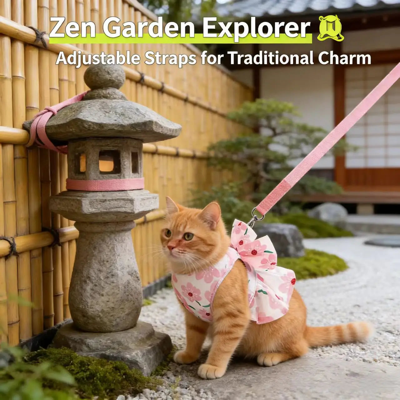 Encircling Cat Harness & Leash - Floral Print, Bowknot, Non-Choking, Pink