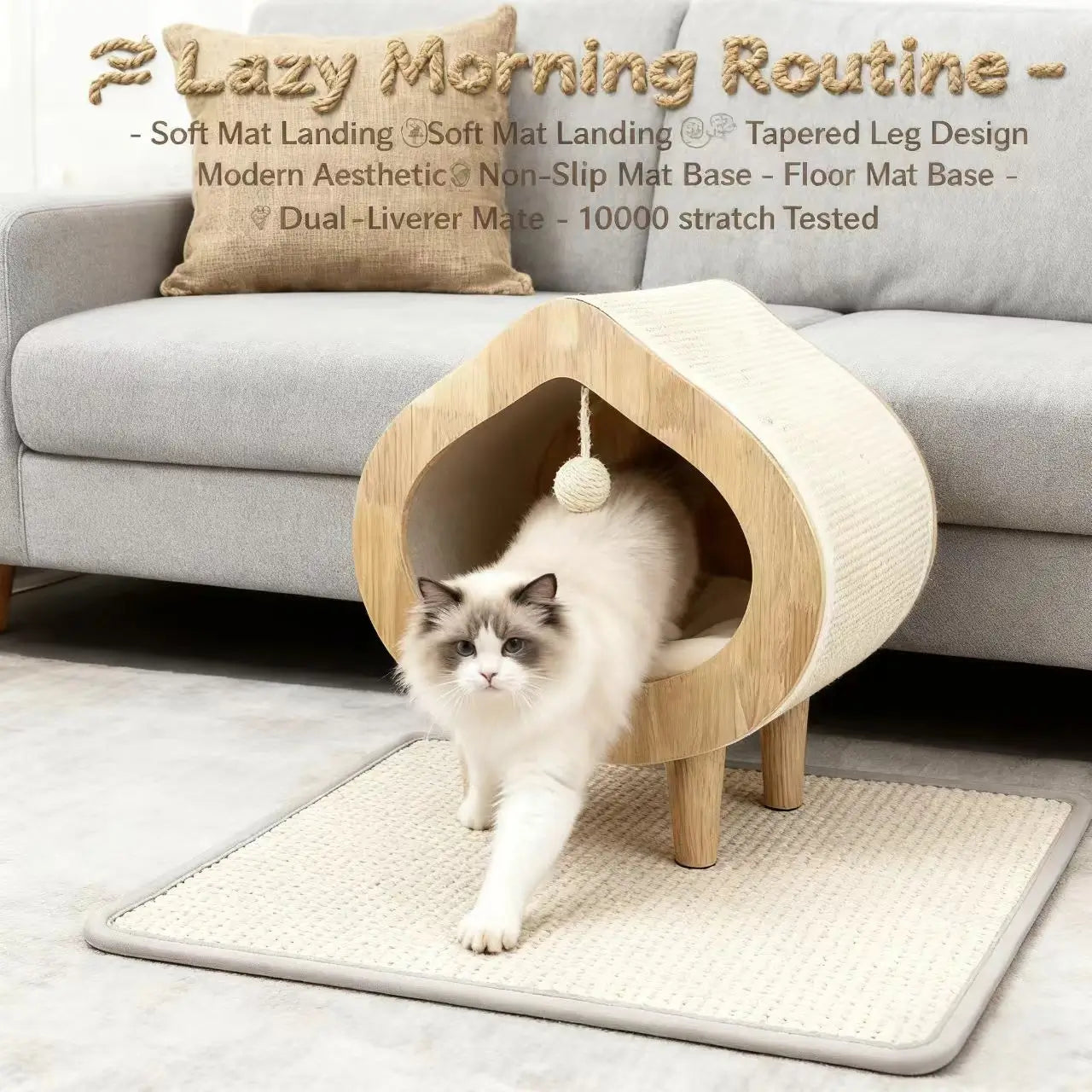 Solid Wood Cat House Mat Anti-Slip Replaceable Easy to Clean