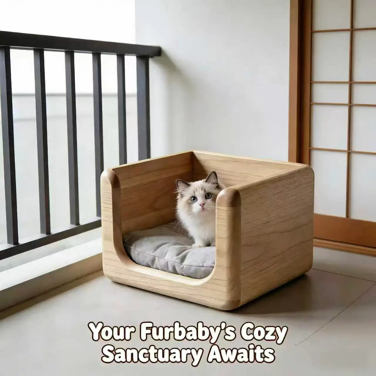 Modern Rounded Wooden Cat Bed: Minimalist Furniture with Cushion, for Cozy Cat Napping
