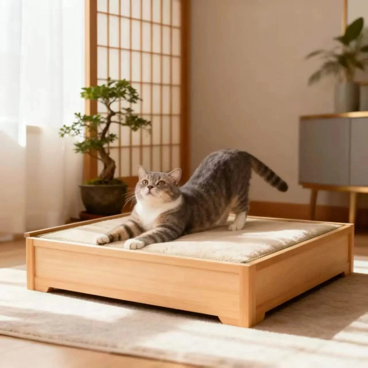 Customizable Pet Bed for Cats, Platform Shape, Wood Frame, Japanese Style, All-Season