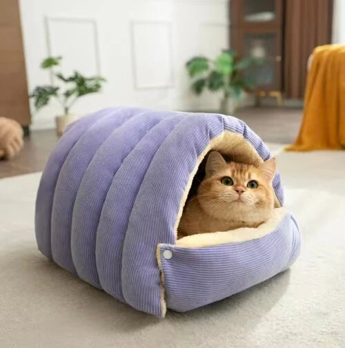Indoor Cat Hideout Bed - Plush Lining, Cute Caterpillar Shape